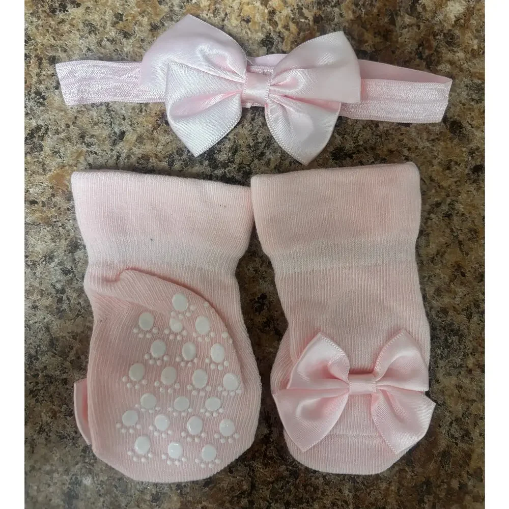 Baby Girl Pink Bow Socks & Matching Headband Set Size S 0–6M